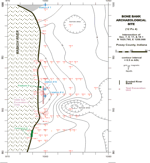 Topographic map of Bone Bank Site showing soil core locations