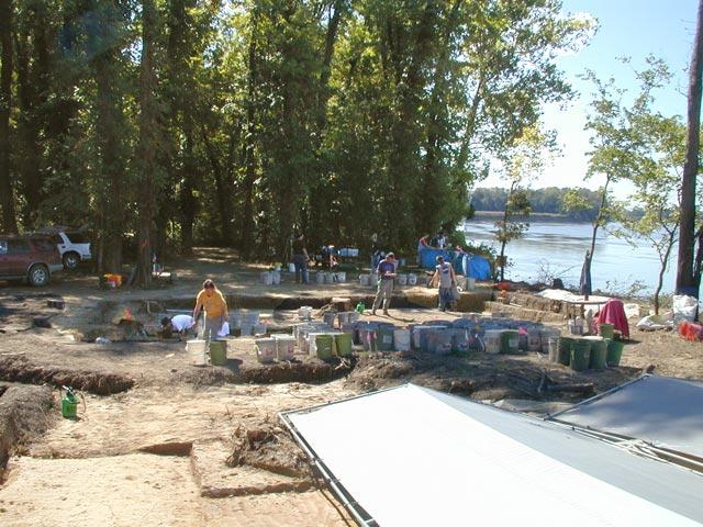Seven people working various areas of the excavation site on a sunny day