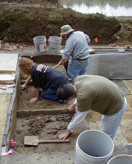 Kris Suthers, Trish Word, and Jeff Brown excavating 1-meter units