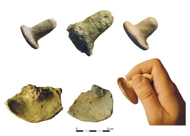 Examples of one artifact type -- pottery trowels -- found at several Caborn-Welborn villages