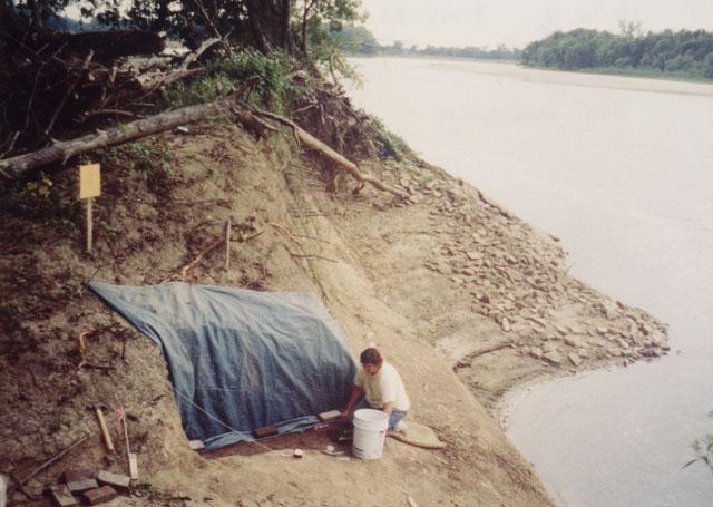 Jocelyn Turner, beginning excavation in Test Units A to F, on the riverbank
