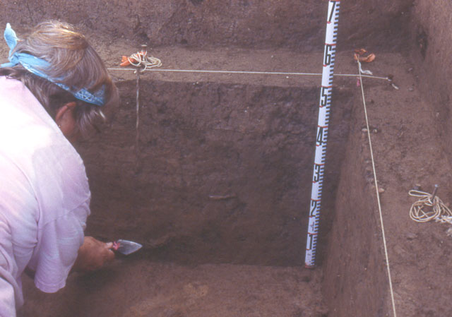 Cheryl Munson pointing to sherds in the wall profile of test Unit C