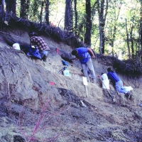 Excavation of flotation samples from pit features exposed on the riverbank