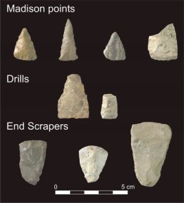 Image of 4 Madison points, 2 drills, and 3 End Scrapers