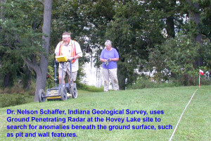 Dr. Nelson Schaffer, Indiana Geological Survey, uses Ground Penetrating Radar at the Hovey Lake site to search for anomalies beneath the ground surface, such as pit and wall features.