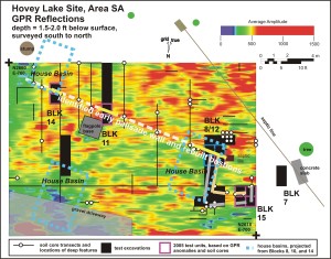 Ground Penetrating Radar image of southeastern edge of site, with interpretive overlays. Click to enlarge. (Opens in new window)