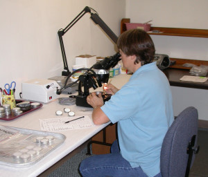 Dr. Jocelyn Turner identifying carbonized plant remains in flotation samples.