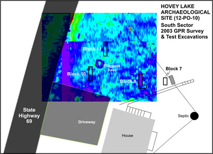 The radar anomaly is a high signal reflection area that shows as a dark blue rectangle located north of the driveway in the map.