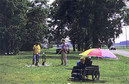 Bruce Douglas from the Indiana University Department of Geological Sciences using Ground Penetrating Radar with the help of Cheryl Munson and Jocelyn Turner