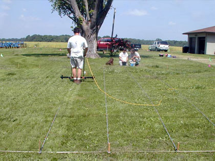 The resistivity machine runs on grids that are 10 or 20 meters long, pausing to take a reading every 0.25 meter on the grid.