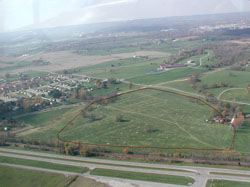 Air photo of Prather site, by Bob McCullough, looking northwest, after two-thirds of the auger samples were excavated